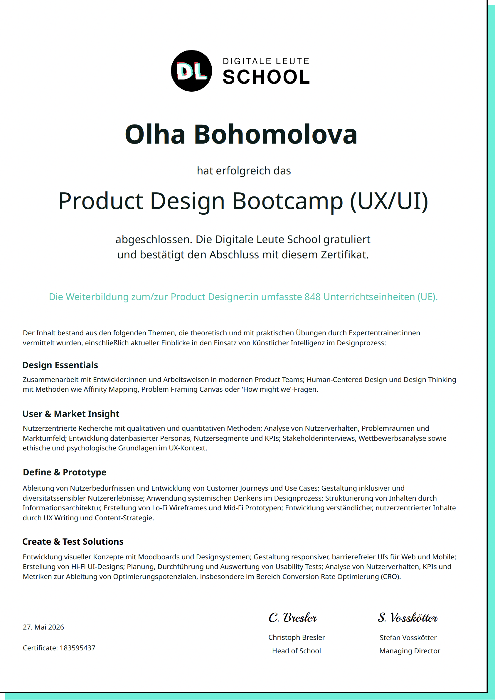 Product Design Bootcamp (UX/UI) - Digitale Leute School Zertifikat